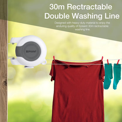 Episent 30M Washing Line | Wall Mounted Dual Retractable Clothes Line for Outdoor Use | Heavy Duty Extendable Clothes Line