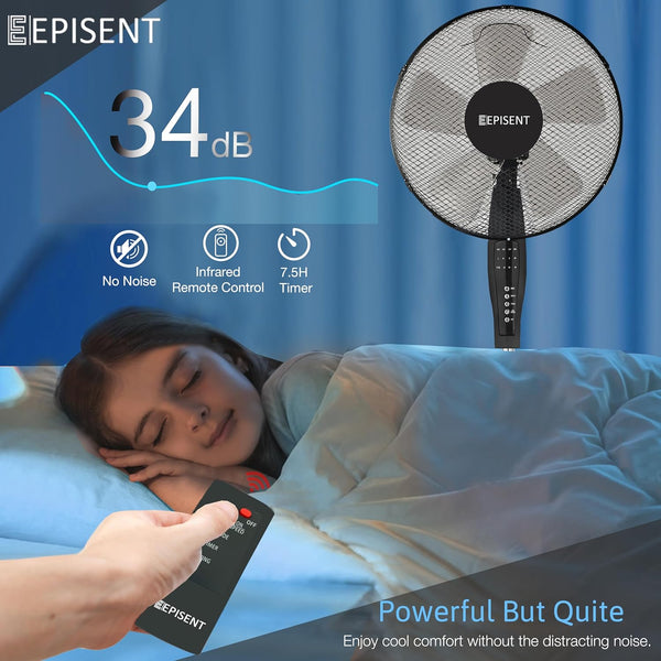 EPISENT 16-Inch Pedestal Standing Floor Fan | Remote Control | 3 Speed Settings | Adjustable Height & Tilt | Oscillating Air Cooling | Black | For Home, Office, Bedroom - Hover