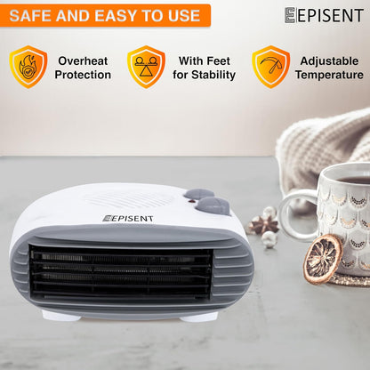 Episent Portable Fan Heater - Heat Settings & Adjustable Thermostat - 2 Heat Settings 1000/2000W - Cool Air Function & Thermal Cut-Out Device - Perfect for Home and Office (FLAT BED HEATER)