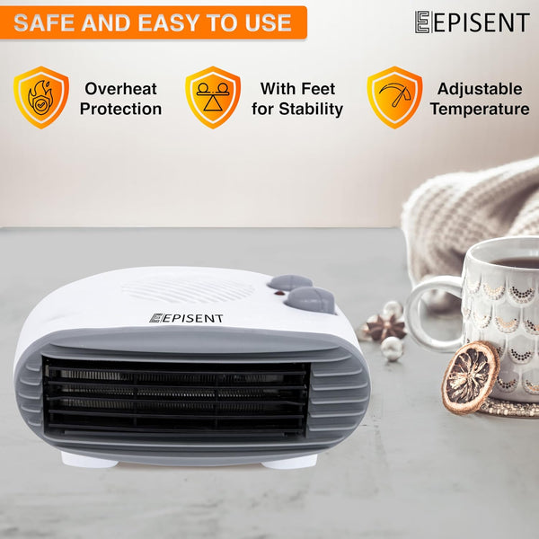 Episent Portable Fan Heater - Heat Settings & Adjustable Thermostat - 2 Heat Settings 1000/2000W - Cool Air Function & Thermal Cut-Out Device - Perfect for Home and Office (FLAT BED HEATER) - Hover