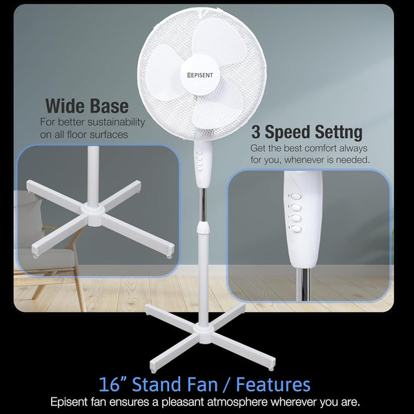 EPISENT | Pedestal Fan | Electrical Cooling Fan | 16 inch, 140cm (Max Height), 3 Speed Options | Adjustable Height, Oscillating, & Manual Head Pivot | Standing Fan | - Hover