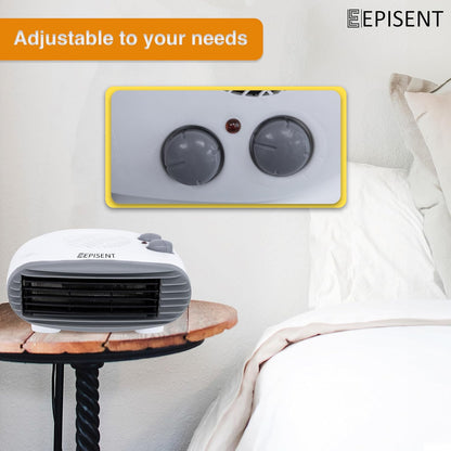 Episent Portable Fan Heater - Heat Settings & Adjustable Thermostat - 2 Heat Settings 1000/2000W - Cool Air Function & Thermal Cut-Out Device - Perfect for Home and Office (FLAT BED HEATER)