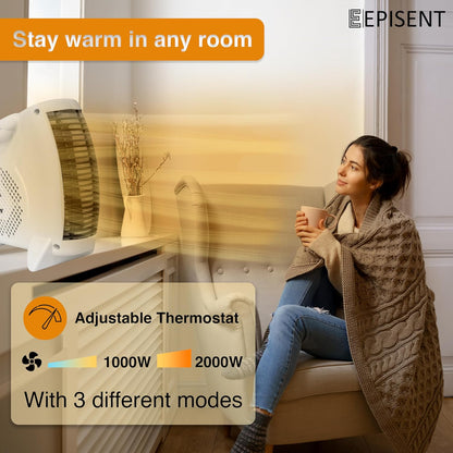 EPISENT Portable Fan Heater with Cool Air Function - Used Upright or Flat, Safety Cut Out - 2 Heat Settings 1000/2000W - Electric Heater for Home with Variable Thermostat (Fan Heater and Cooler)