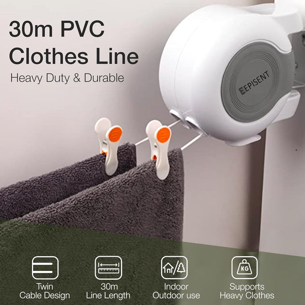 Episent 30M Washing Line | Wall Mounted Dual Retractable Clothes Line for Outdoor Use | Heavy Duty Extendable Clothes Line - Hover