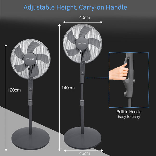 EPISENT 16'' Pedestal Matt Fan | Adjustable Height 140cm | Oscillating & Manual Head Pivot | Rotary Knob Speed Control | Standing Fan for Home & Office (GREY) - Hover