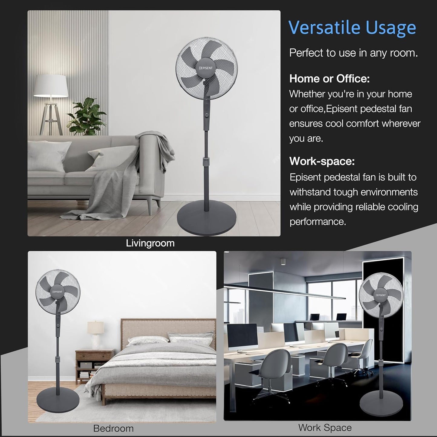 EPISENT 16'' Pedestal Matt Fan | Adjustable Height 140cm | Oscillating & Manual Head Pivot | Rotary Knob Speed Control | Standing Fan for Home & Office