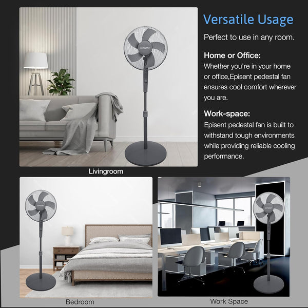 EPISENT 16'' Pedestal Matt Fan | Adjustable Height 140cm | Oscillating & Manual Head Pivot | Rotary Knob Speed Control | Standing Fan for Home & Office - Hover
