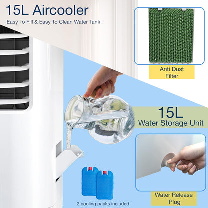 EPISENT 4-in-1 Portable Evaporative Air Cooler  15L Water Tank, Remote Control, 3 Fan Speeds, LED Display, 7.5-Hour Timer, Auto Oscillation  Energy-Efficient Cooling for Home & Office