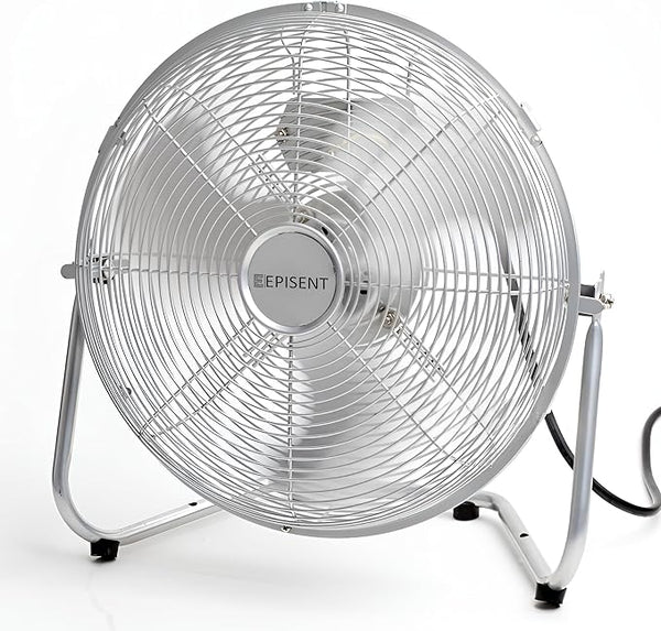 EPISENT High Velocity Chrome Floor Fan – Adjustable Tilt, 3-Speed Settings, Heavy-Duty Metal Design for Bedroom, Gym, Office & Home Use – Powerful Air Circulation - Hover