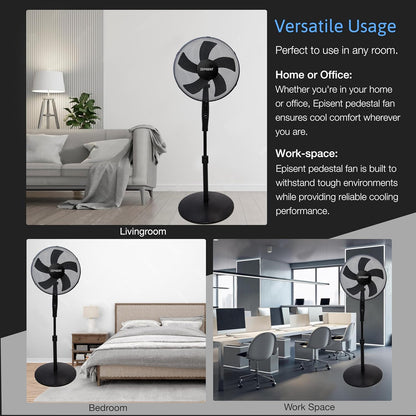 EPISENT 16'' Pedestal Matt Fan | Adjustable Height 140cm | Oscillating & Manual Head Pivot | Rotary Knob Speed Control | Standing Fan for Home & Office