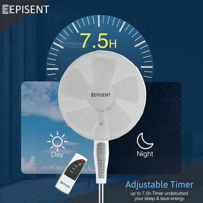 EPISENT 16-Inch Pedestal Fan with Remote | Adjustable 140cm Height | 3 Speed Oscillating Standing Fan | Manual Head Pivot | White Electrical Cooling Fan