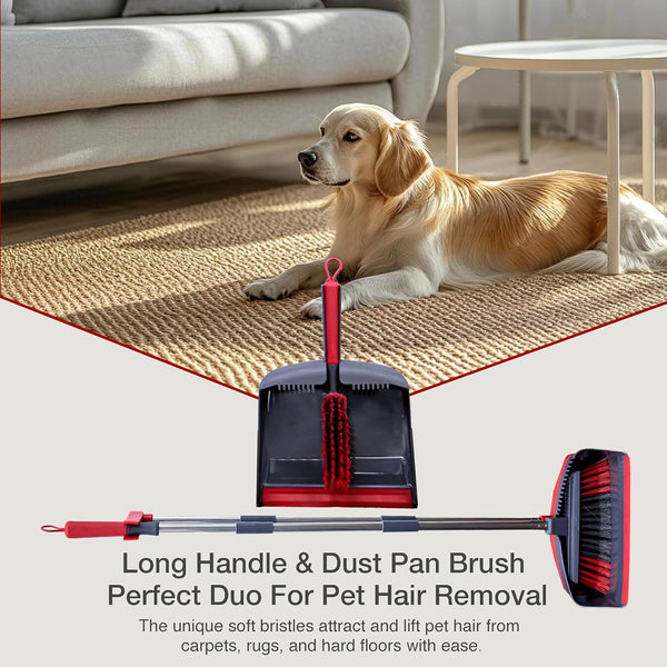 EPISENT Long Handled Dustpan and Brush Set - Upright Stand-Up Storage, Reduces Bending, Perfect for Home, Kitchen, Office - Easy Assembly, Durable - Red & Grey - Hover