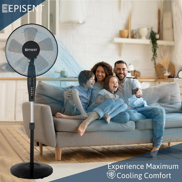EPISENT 16'' Pedestal Matt Fan | Adjustable Height 140cm | Oscillating & Manual Head Pivot | Rotary Knob Speed Control | Standing Fan for Home & Office (BLACK) - Hover