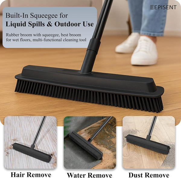 EPISENT Extendable Rubber Broom with Soft Bristles Perfect for Indoor Floor Sweeping, Carpet Cleaning & Pet Hair Removal Squeegee Edge for Wet & Dry Use Sturdy Handle - Hover