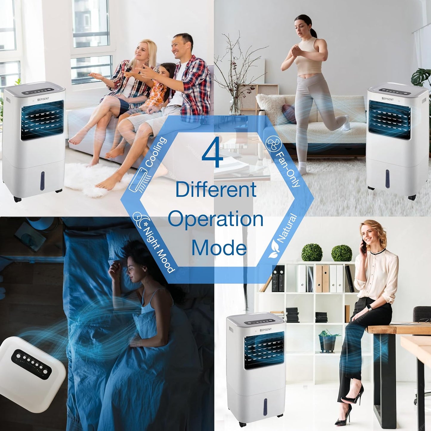 EPISENT 4-in-1 Portable Evaporative Air Cooler  15L Water Tank, Remote Control, 3 Fan Speeds, LED Display, 7.5-Hour Timer, Auto Oscillation  Energy-Efficient Cooling for Home & Office