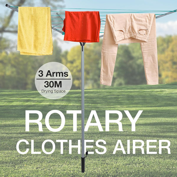 EPISENT 30m Rotary Airer with Ground Metal Spike | Heavy Duty 3 Arm Outdoor Clothes Dryer | UV-Resistant, Non-Slip Lining | Smooth Turns, Umbrella System - Hover