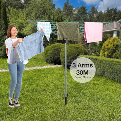 EPISENT 30m Rotary Airer with Ground Metal Spike | Heavy Duty 3 Arm Outdoor Clothes Dryer | UV-Resistant, Non-Slip Lining | Smooth Turns, Umbrella System