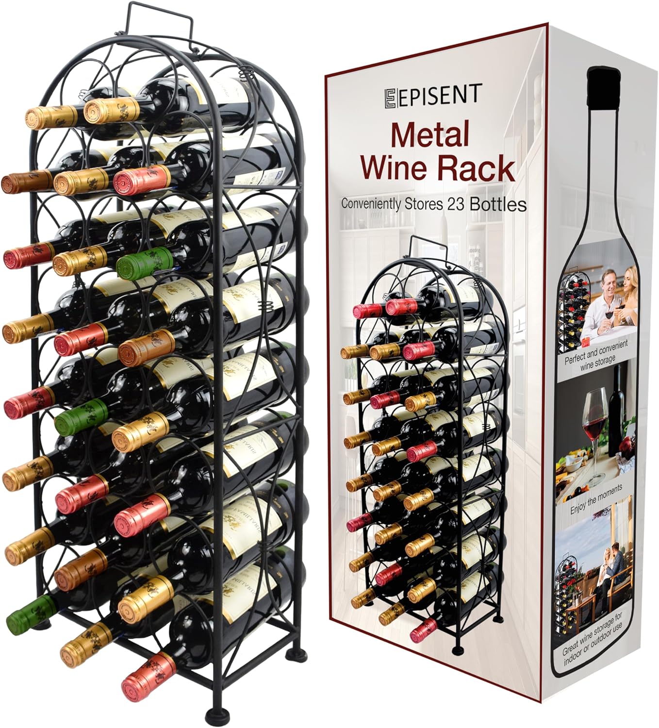 EPISENT | 32 Bottle Wine Rack | Free Standing | Black Metal Wine Rack | Stand for Bottle Storage Contemporary Black Powder Coated Design (32 BOTTLE WINE RACK