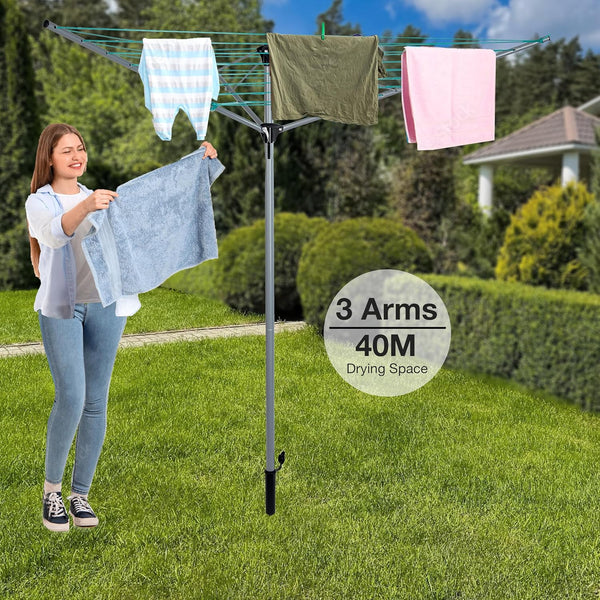 EPISENT 40m Rotary Airer with Ground Metal Spike | Heavy Duty Outdoor Clothes Dryer | UV-Resistant, Non-Slip Lining | Smooth Turns, Umbrella System - Hover
