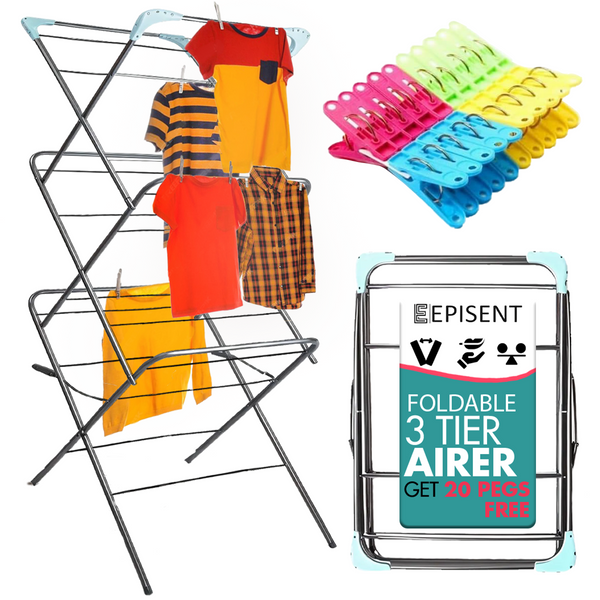 EPISENT 3 Tier Foldable Clothes Airer & Drying Rack  Large Laundry Dryer Stand for Indoor & Outdoor Use, Space-Saving Collapsible Design with Non-Slip Feet & Hanger Hooks  Includes 20 FREE Pegs