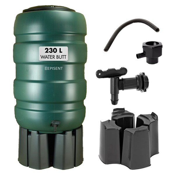 EPISENT 230L& 100L Water Butt - Garden Water Storage - Plastic Water Butt Set Including Tap, Stand, Lockable Lid, & Filler Kit - Ideal for Any Garden - Eco Friendly Water Storage Unit
