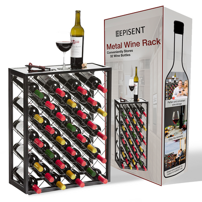 EPISENT | 32 Bottle Wine Rack | Free Standing | Black Metal Wine Rack | Stand for Bottle Storage Contemporary Black Powder Coated Design (32 BOTTLE WINE RACK