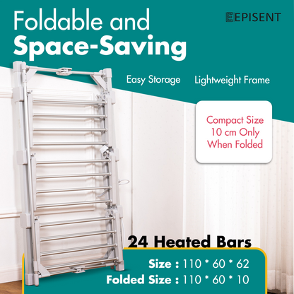 EPISENT 20-Bar Electric Heated Clothes Airer - Large 146x54 cm Drying Rack, Energy-Efficient Indoor Laundry Dryer,Foldable Drying Rack, Indoor Laundry Dryer