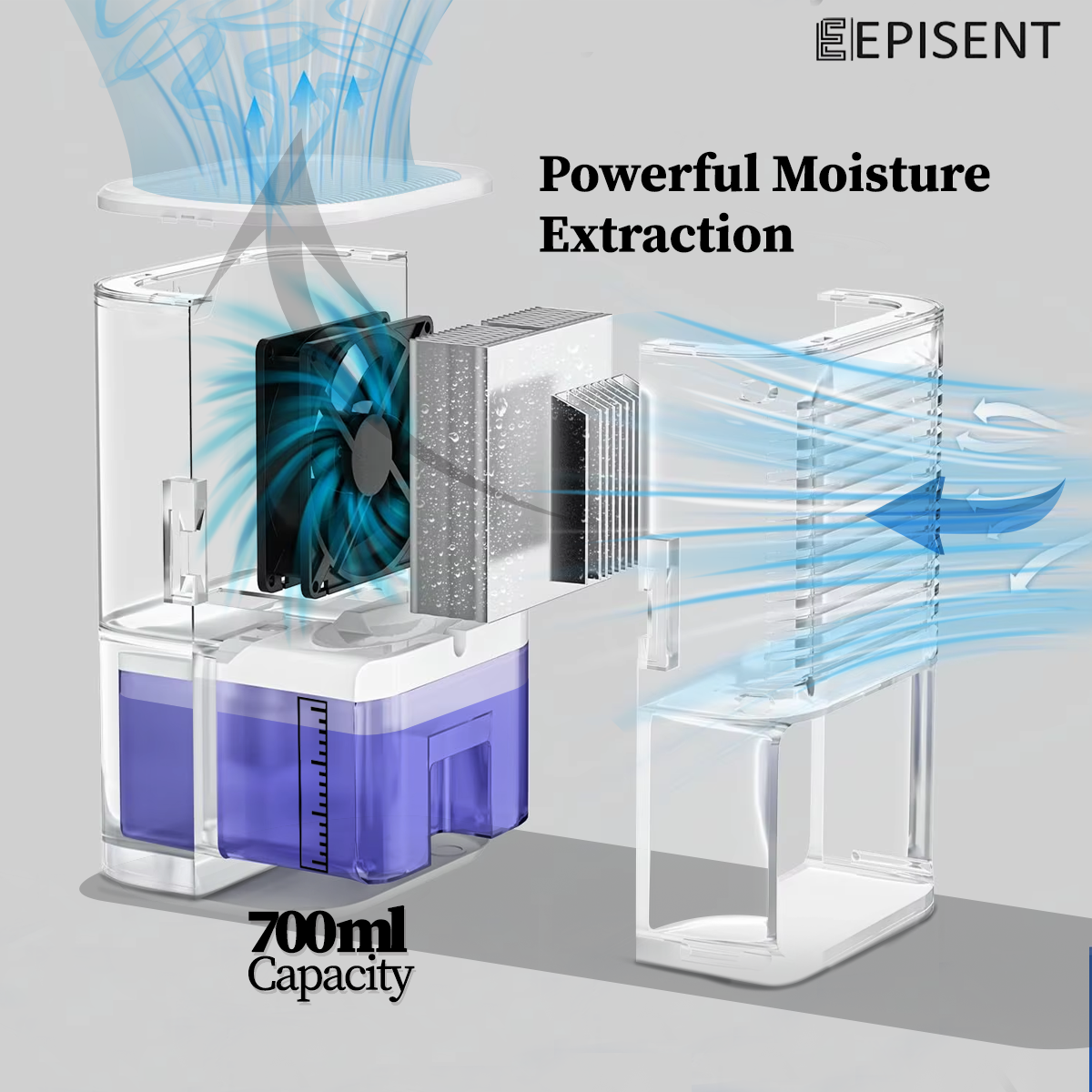 EPISENT Electric Dehumidifier 700ml - Home Moisture Control, Compact Design, Auto Shut Off, Quiet Operation, Ideal for Bedrooms, Bathrooms & More