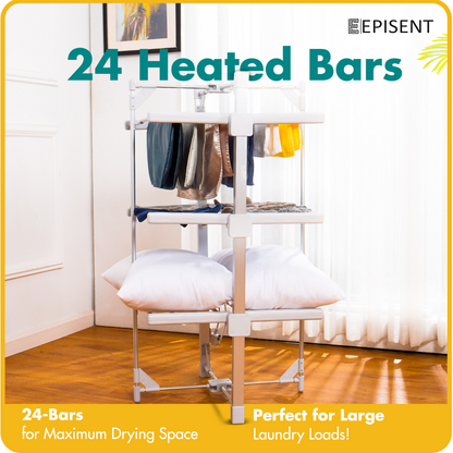 EPISENT 3-Tier Heated Clothes Airer Aluminium 24-Bar Electric Heated Clothes Airer - Mini 60x62x111 cm Drying Rack, Energy-Efficient Indoor Laundry Dryer,Foldable Drying Rack