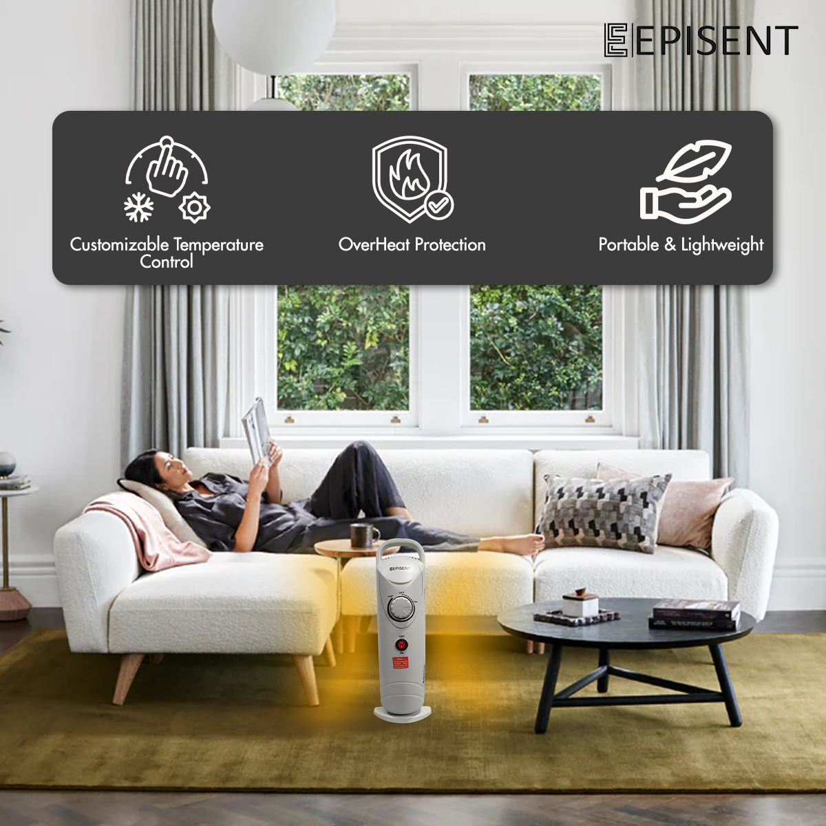 EPISENT Oil Heaters – Portable Electric Oil Heater with Adjustable Thermostat, 3 Heat Settings, Overheat Protection & Carry Handle – Energy-Efficient Heater for Home, Office & Any Room