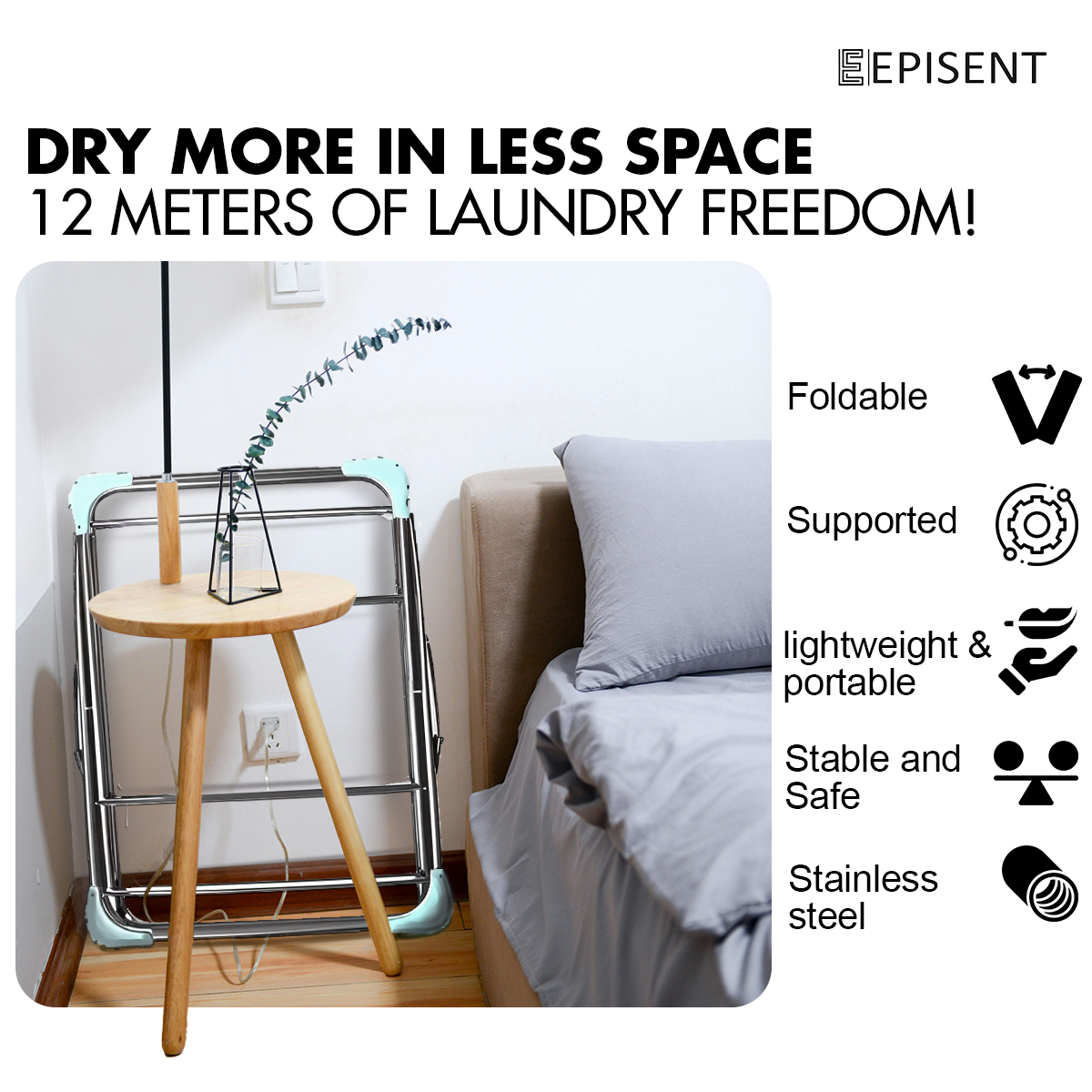EPISENT 3 Tier Foldable Clothes Airer & Drying Rack  Large Laundry Dryer Stand for Indoor & Outdoor Use, Space-Saving Collapsible Design with Non-Slip Feet & Hanger Hooks  Includes 20 FREE Pegs