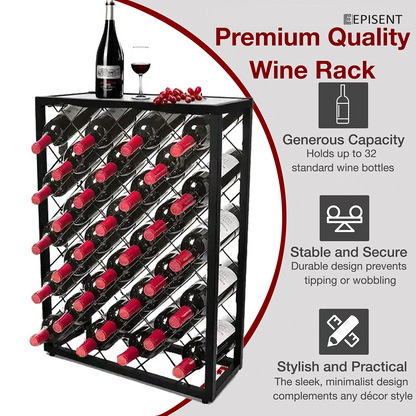 EPISENT | 32 Bottle Wine Rack | Free Standing | Black Metal Wine Rack | Stand for Bottle Storage Contemporary Black Powder Coated Design (32 BOTTLE WINE RACK