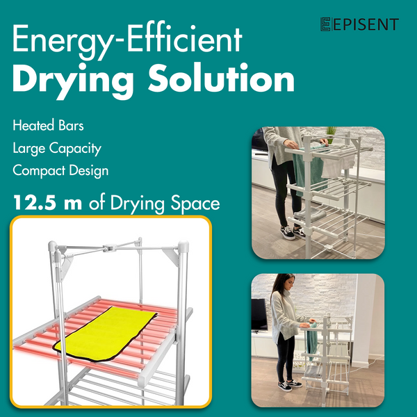 EPISENT 3-Tier Heated Clothes Airer Aluminium 24-Bar Electric Heated Clothes Airer - Mini 60x62x111 cm Drying Rack, Energy-Efficient Indoor Laundry Dryer,Foldable Drying Rack - Hover