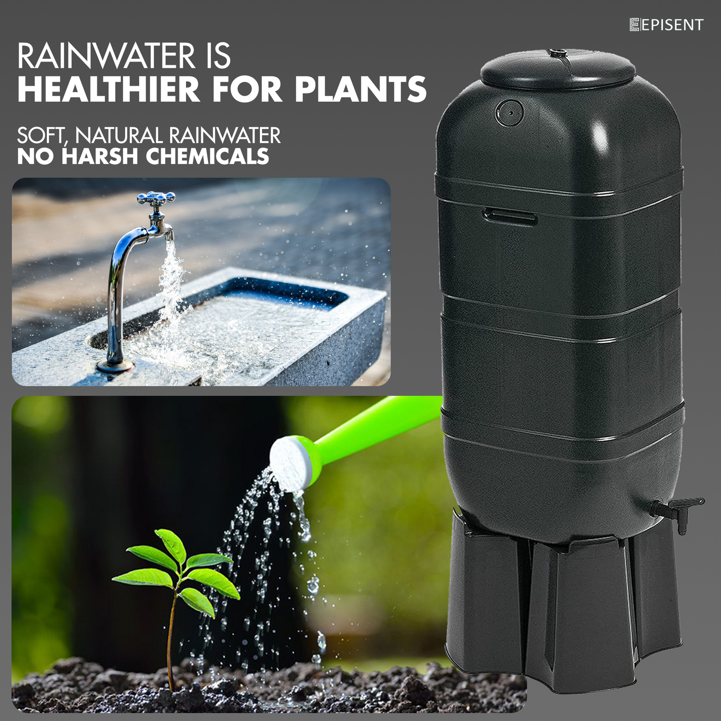 EPISENT 230L& 100L Water Butt - Garden Water Storage - Plastic Water Butt Set Including Tap, Stand, Lockable Lid, & Filler Kit - Ideal for Any Garden - Eco Friendly Water Storage Unit