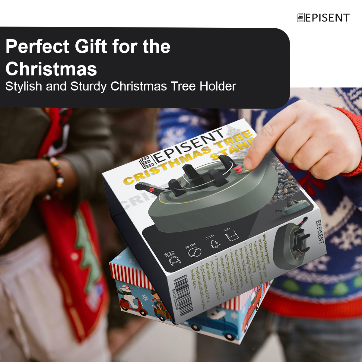 EPISENT Christmas Tree Stand for Large Trees Up to 2.5m | Heavy Duty, Stable Base with 3.2L Water Reservoir & 35cm Wide Diameter | No-Tilt, Easy Assembly for a Perfect Holiday Display