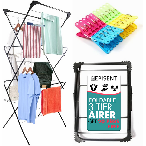 EPISENT 3 Tier Foldable Clothes Airer & Drying Rack Large Laundry Dryer Stand for Indoor & Outdoor Use, Space-Saving Design with Non-Slip Feet & Hanger Hooks  Includes 20 FREE Pegs (BLACK)