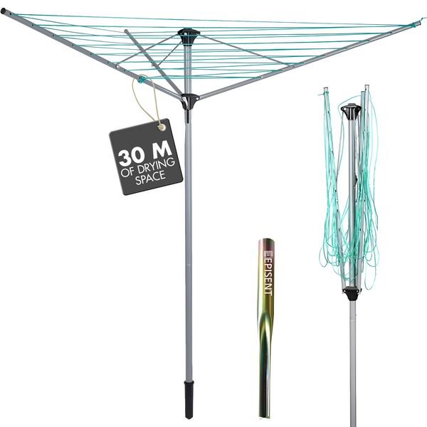 EPISENT 30m Rotary Airer with Ground Metal Spike | Heavy Duty 3 Arm Outdoor Clothes Dryer | UV-Resistant, Non-Slip Lining | Smooth Turns, Umbrella System