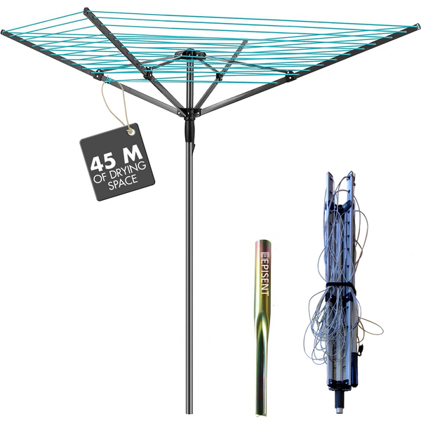 EPISENT 45m Rotary Airer with Ground Metal Spike | Heavy Duty 4 Arm Outdoor Clothes Dryer | UV-Resistant, Non-Slip Lining | Smooth Turns, Umbrella System