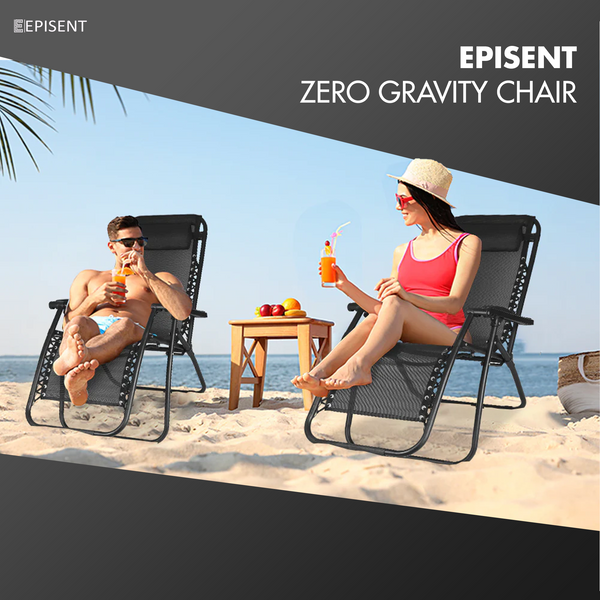 EPISENT Zero Gravity Chair Black Set of 2 | Foldable Garden Recliners | Sun Loungers with Cup Holders, Headrest Pillow, Phone Mount | Table Rest | Ideal for Camping & Outdoor Use - Hover