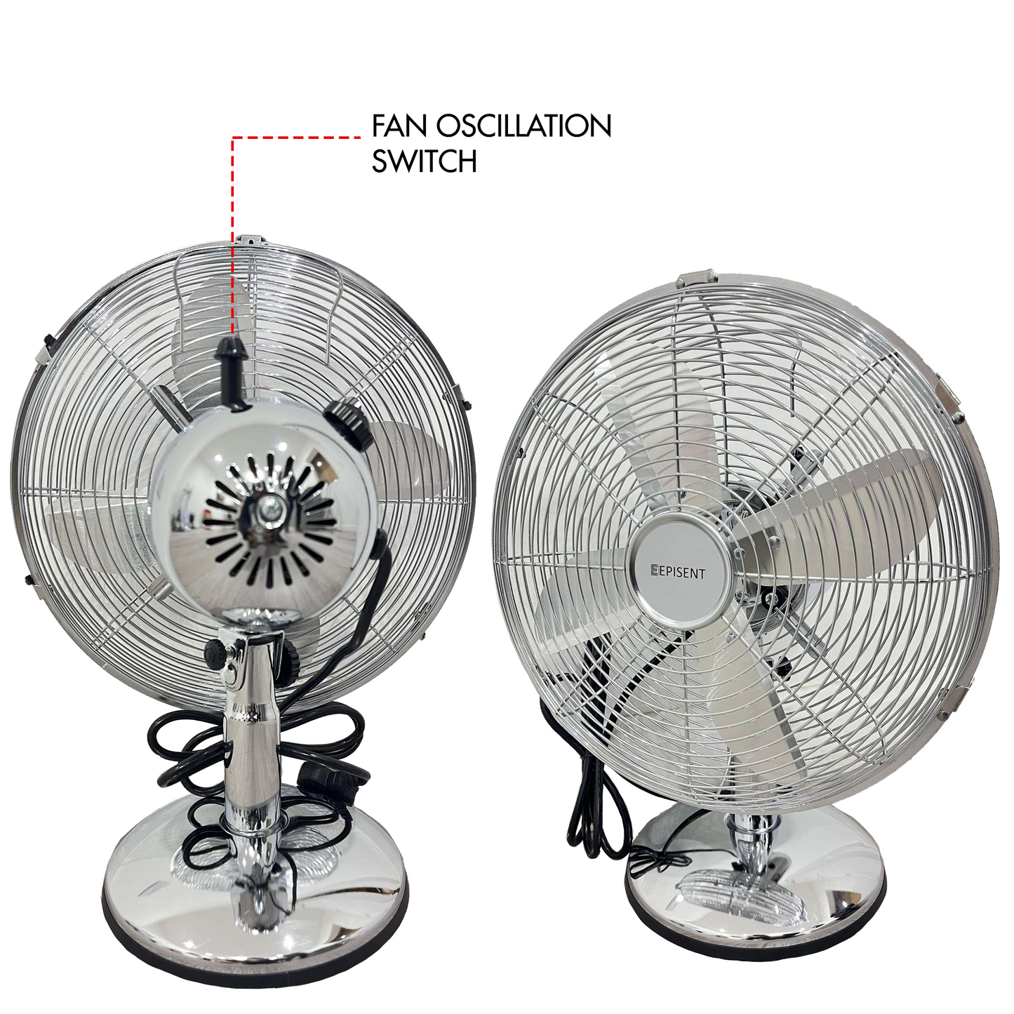 EPISENT 12'' Oscillating Metal Desk Fan | Chrome Finish | 3-Speed, Quiet & Energy-Efficient | Adjustable Tilt Head | Ideal for Home Office & Personal Use