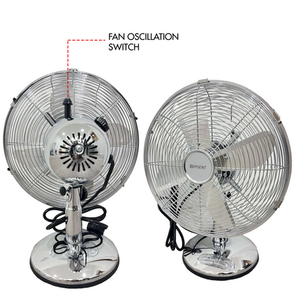 EPISENT 12'' Oscillating Metal Desk Fan | Chrome Finish | 3-Speed, Quiet & Energy-Efficient | Adjustable Tilt Head | Ideal for Home Office & Personal Use
