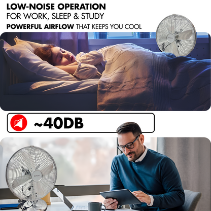 EPISENT 12'' Oscillating Metal Desk Fan | Chrome Finish | 3-Speed, Quiet & Energy-Efficient | Adjustable Tilt Head | Ideal for Home Office & Personal Use
