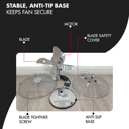 EPISENT 12'' Oscillating Metal Desk Fan | Chrome Finish | 3-Speed, Quiet & Energy-Efficient | Adjustable Tilt Head | Ideal for Home Office & Personal Use