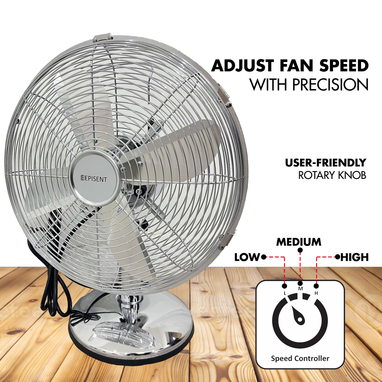 EPISENT 12'' Oscillating Metal Desk Fan | Chrome Finish | 3-Speed, Quiet & Energy-Efficient | Adjustable Tilt Head | Ideal for Home Office & Personal Use