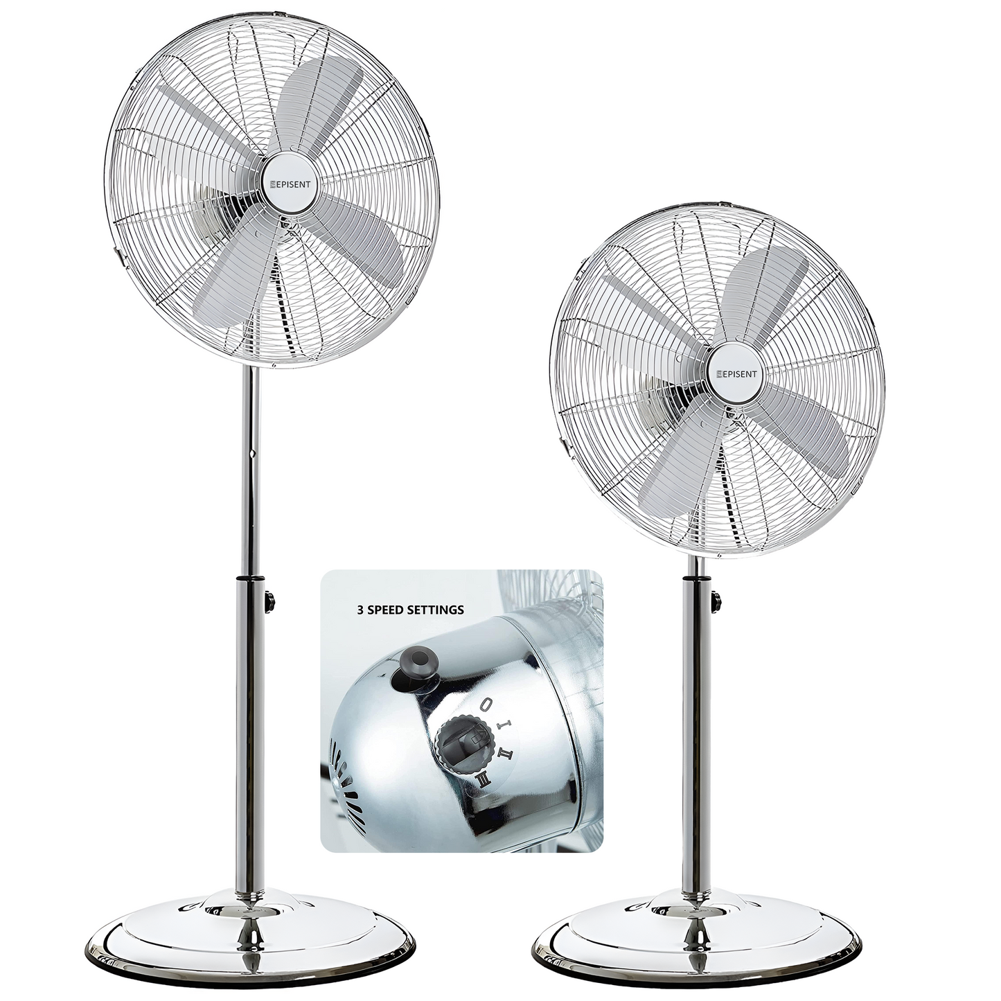 EPISENT 16" Chrome Pedestal Fan – 3-Speed Rotary Control, Adjustable Height Up to 140cm, Manual Tilt, Anti-Tip Base – Powerful Quiet Metal Oscillating Floor Standing Fan with Strong Airflow – UK Plug