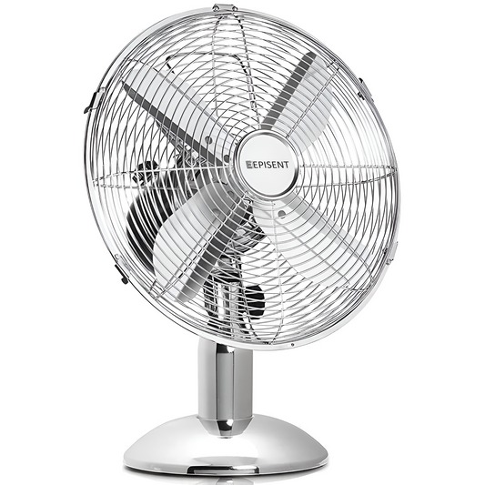 EPISENT 12'' Oscillating Metal Desk Fan | Chrome Finish | 3-Speed, Quiet & Energy-Efficient | Adjustable Tilt Head | Ideal for Home Office & Personal Use