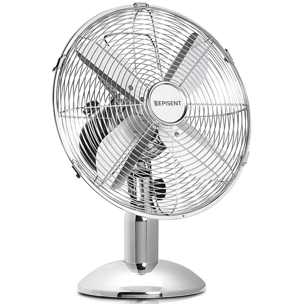 EPISENT 12'' Oscillating Metal Desk Fan | Chrome Finish | 3-Speed, Quiet & Energy-Efficient | Adjustable Tilt Head | Ideal for Home Office & Personal Use