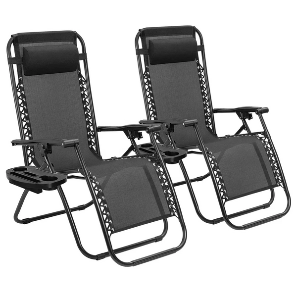 EPISENT Zero Gravity Chair Black Set of 2 | Foldable Garden Recliners | Sun Loungers with Cup Holders, Headrest Pillow, Phone Mount | Table Rest | Ideal for Camping & Outdoor Use