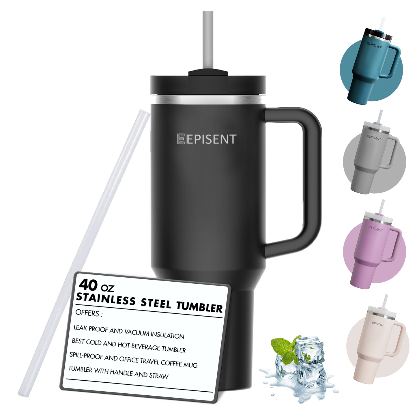 Premium 40oz Tumbler with Handle & Straw – Leakproof Stainless Steel Travel Mug – Vacuum Insulated Cup for Hot & Cold Drinks – Dishwasher Safe, Reusable, Travel Friendly – 𝗘𝗣𝗜𝗦𝗘𝗡𝗧