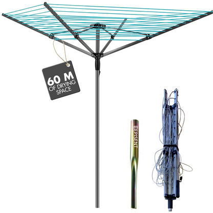 EPISENT 60m Rotary Airer with Ground Metal Spike | Heavy Duty 4 Arm Outdoor Clothes Dryer | UV-Resistant, Non-Slip Lining | Smooth Turns, Umbrella System